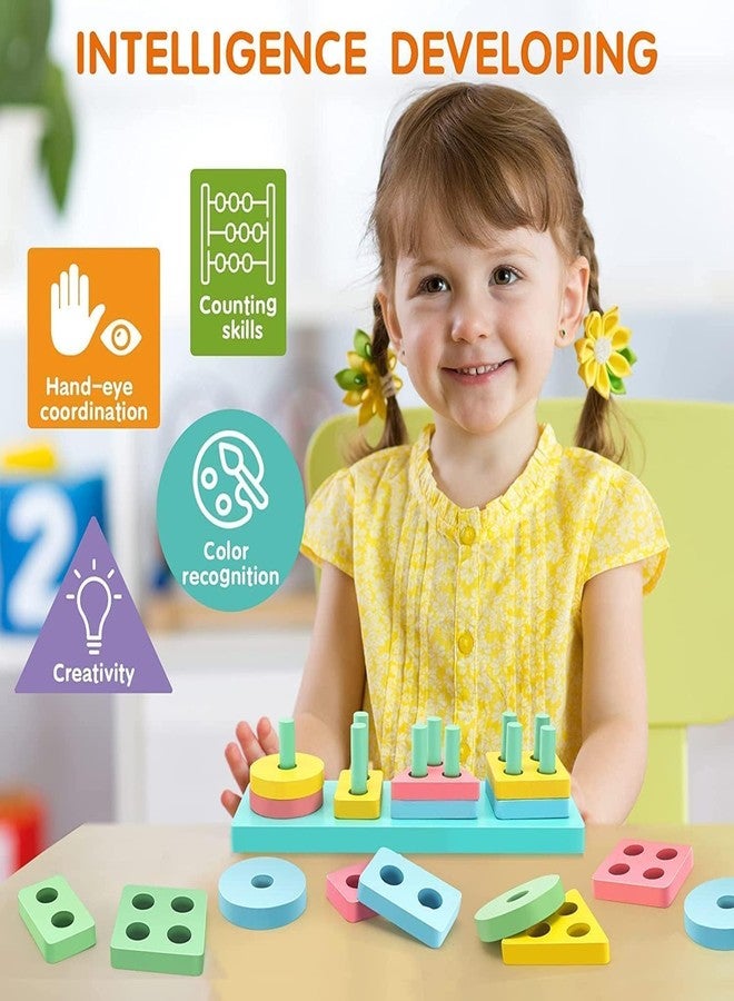 DONDA Wooden Sorting & Stacking Toys for Kids | Preschool Educational Blocks Color Recognition Shape Learning Stacker (17 PCS) - Image 5